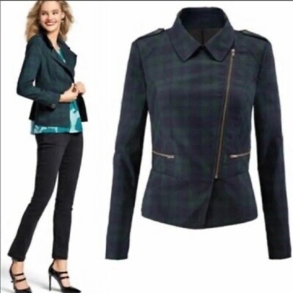 Cabi Hunter Green Navy Plaid Tartan Moto Zip Jacket Womens 8 - Picture 2 of 15